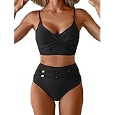 Aidonger Women's Crisscross Front Bikini Sets Two Piece High Waisted Tummy Control Swimsuits Vintage Beads Bathing Suit