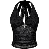 Verdusa Women's Y2k Gothic Goth Halter Top Mesh Sheer Backless Going Out Tops Emo Grunge Clothes Rave Outfits