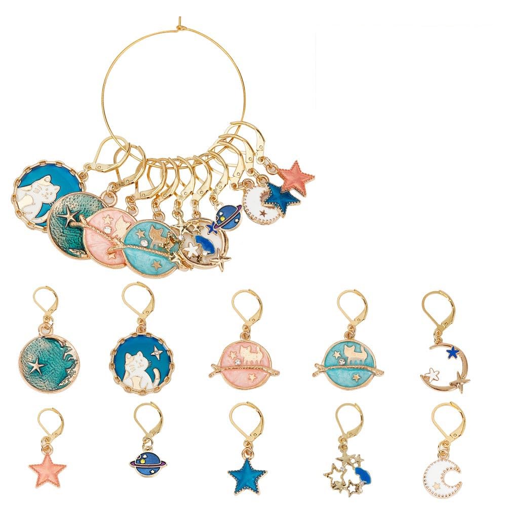 SUNNYCLUE 1 Box 20Pcs Stitch Markers Crochet Stitch Marker Cute Planet Moon Star Enamel Charms Clip On Removable Lobster Clasp Zipper Pull Charm Locking Knitting for Weaving Sewing Quilting