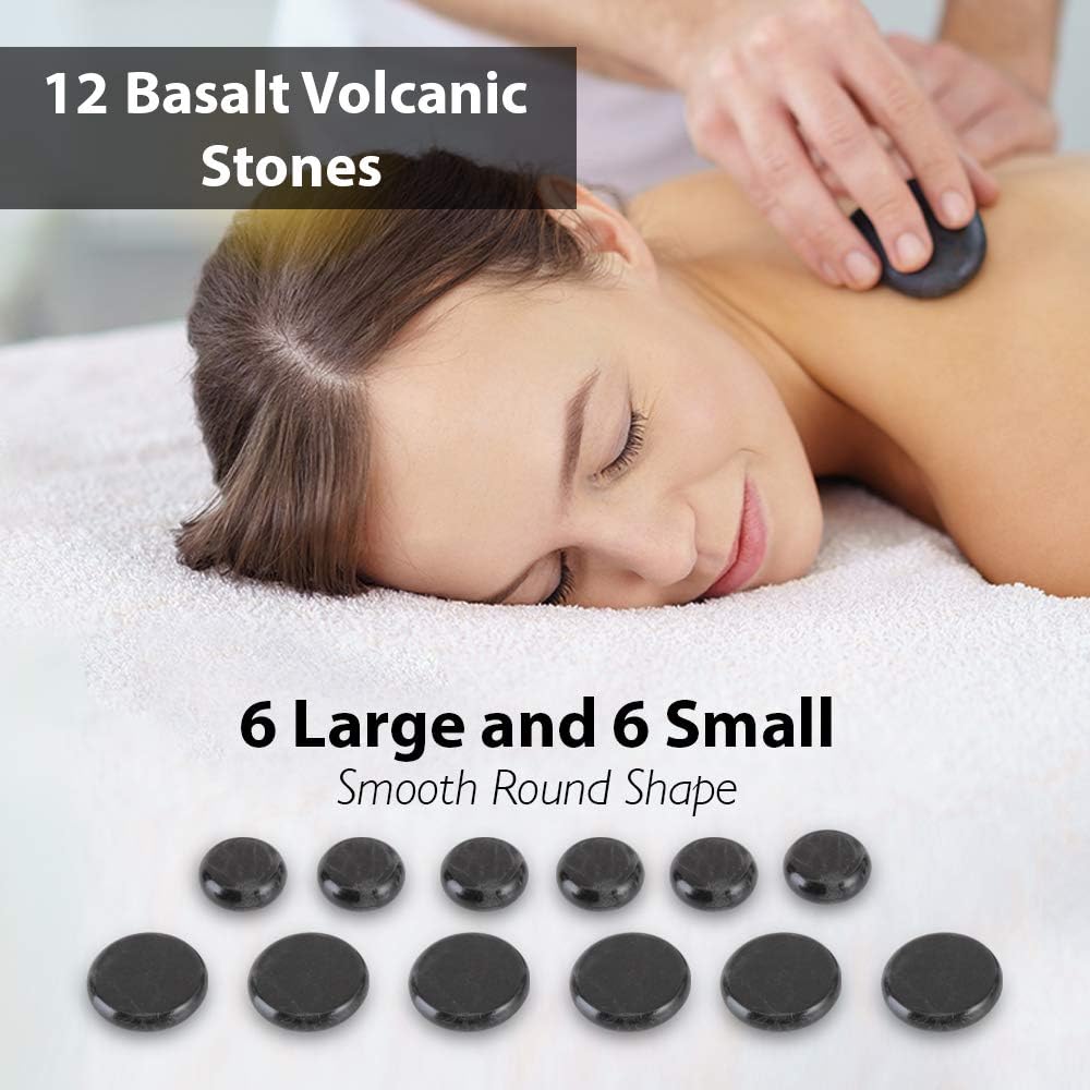 Portable Massage Stone Warmer Set - Electric Spa Hot Stones Massager Heater Kit 6 Large 6 Small Round Shaped Basalt Massaging Rocks, Digital Controller Heating Bag - SereneLife PSLMSGST40