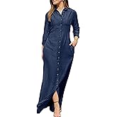 YMING Womens Long Sleeve Button Down Shirt Dress Casual Solid Color Maxi Dresses Loose Fit Blouse Dress with Pockets
