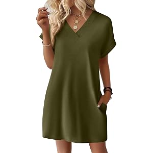 Women's Summer T-Shirt Dress Casual V-Neck Short Sleeve Mini Dress with Pockets Loose Swing Tunic Shift Dress for Daily Wear