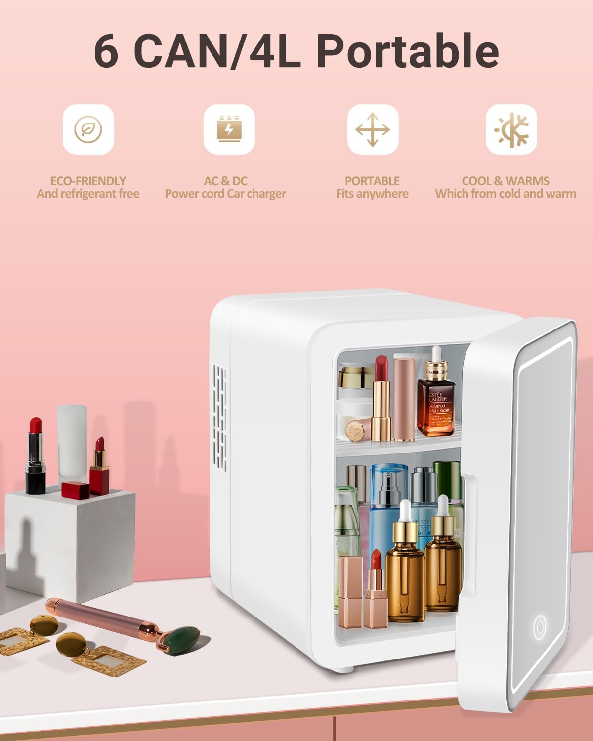 Portable Mini Fridge for Skincare Beauty Cosmetic Makeup, 4-Liter Thermoelectric Cooling and Warming Skin Care Refrigerator With Mirrored Door and Dimmable LED Light, White