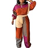 Ptorlio Sweatsuits Women 2 Piece Outfit Casual Long Sleeve Color Block Jogger Wide Leg Sweatpants Set Tracksuit