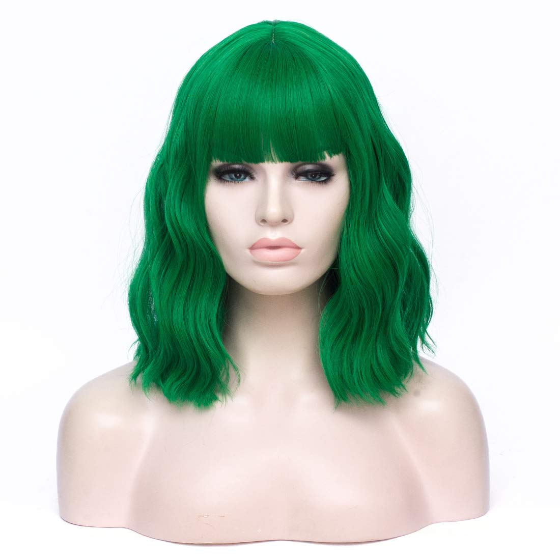 14 inch Fashion Big Wave Curly Bob Short Synthetic Wig Suitable for Women Cosplay Fancy Dress Wig with Free Wig Cap (Green)
