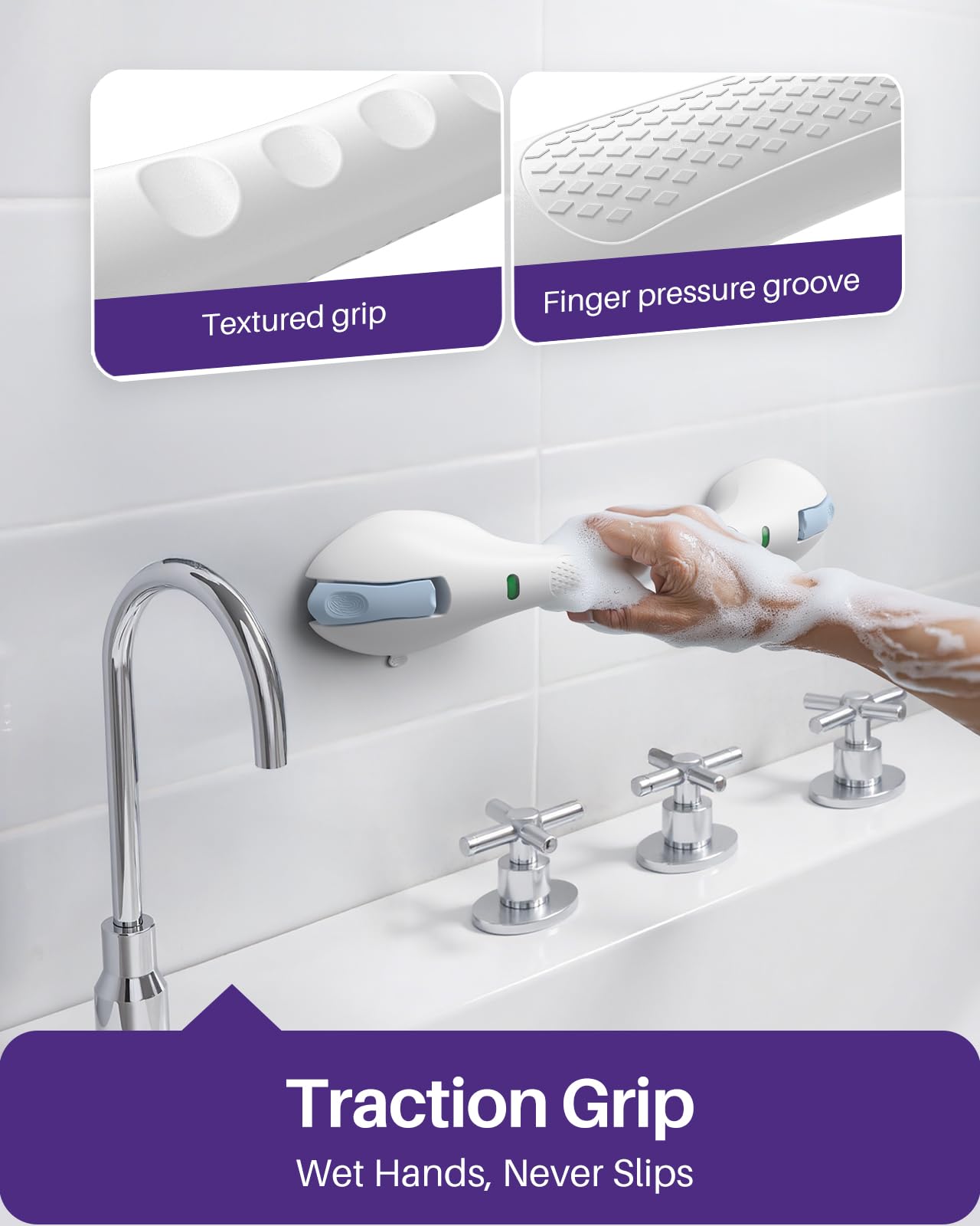 KEKOY 17.5 Inch Suction Grab Bars for Bathtubs and Showers with Indicator 2 Pack- Heavy Duty Safety Shower Handle for Seniors and Elderly, Handicap Bars for Bathroom, No Drilling and Removable, Blue