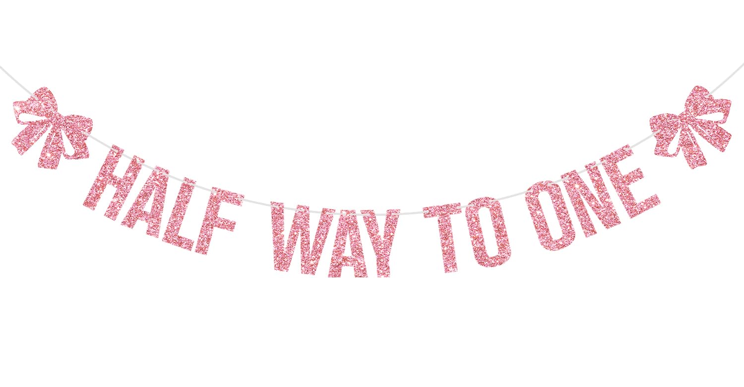 Photo 1 of Bow Half Way to One Banner, Baby Girl 6 Months Birthday Decorations, Half Birthday Party Decor, Bow Knot Themed Baby Shower Party Decorations Pink Glitter