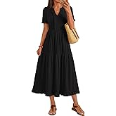 MEROKEETY Women's 2026 Summer Casual Midi Dress Short Sleeve V Neck A Line Flowy Tiered Vacation Beach Dresses