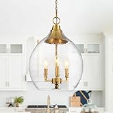 Untrammelife 3-Light Gold Pendant Light 13" Large Globe Pendant Light Fixture with Hand Blown Seeded Glass Shade Single Hangi