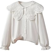 BEAUDRM Girl's Eyelet Embroidery Blouses Button Down Ruffle Long Sleeve Collared Uniform Shirt Tops