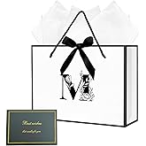 Alphabet Birthday Gift Bag, Initial Gift Bag with Card and Tissue Paper for Men Women, Large Black White Personalized Bow Bags for Bridal Party, Wedding, Graduation, Birthday Gifts Bags (Letter M)