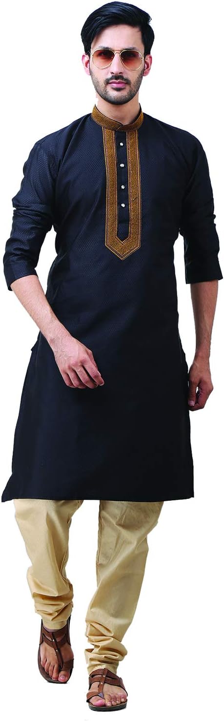 FOCILDiwali Special Silk Blend Black Kurta Pyjama Embroidary Men, 44