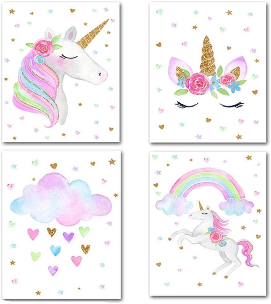 ZAONE Unicorn Pictures Wall Decor, Set of 4 Unicorn Paintings Wall Art Prints for Kids Bedroom Nursery Decor, Unicorn Poster Gifts for Girls Bedroom Decorations. Unframed (8.27"x11.8")