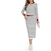 Simlakey Women's 2 Piece Skirt Sets Striped Long Sleeve Sweater and Skirt Fall Sweater Dress Knit Lounge Travel Outfits