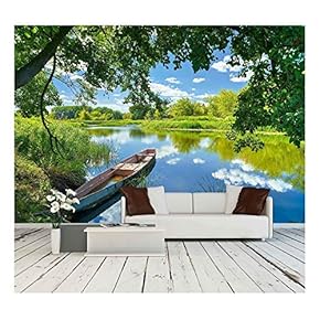 Spring Summer Landscape Blue Sky Clouds Narew River Boat - Removable Wall Mural | Self-Adhesive Large Wallpaper - 66x96 inches