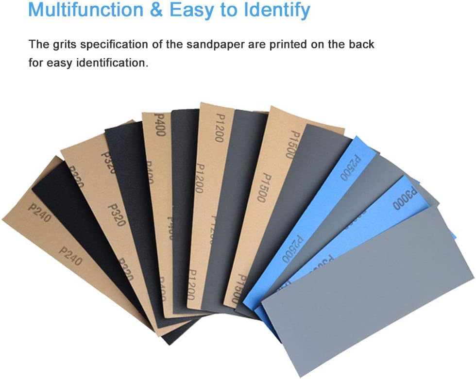 42 PCS Wet Dry Sandpaper 120 to 3000 Assorted Grit Sand paper, 9 x 3.6 Inch Assorted Grit Sandpaper for Wood Furniture Finishing, Metal Sanding and Automotive Polishing, Sander Sheets - - 
