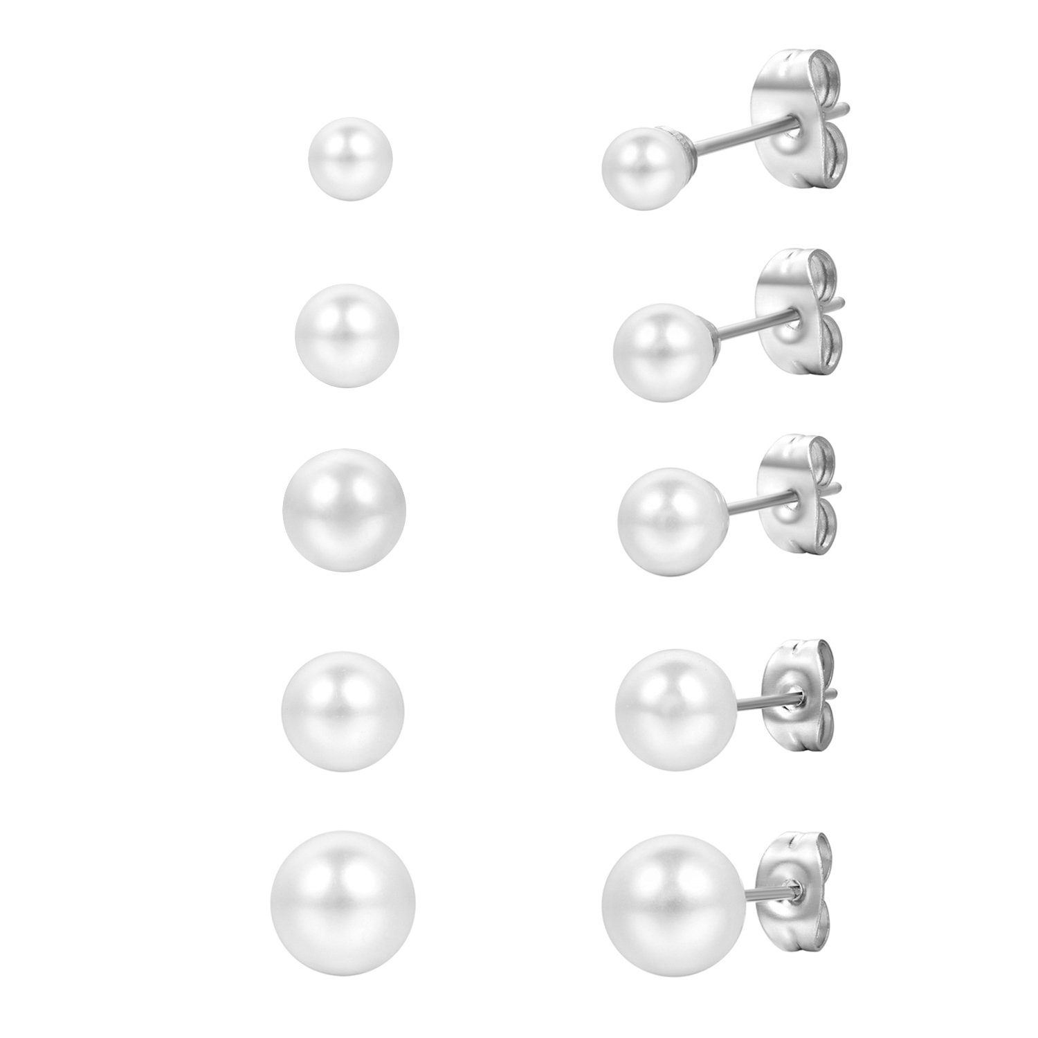 Cupimatch Jewellery 3~8mm 6Pairs Stainless Steel Stud Earrings Bead Ball Set for Men Women (White)