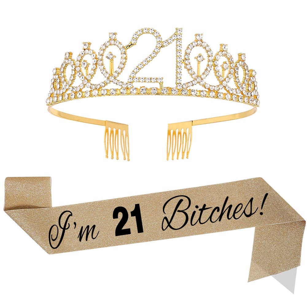 Topfunyy 21st Birthday Tiara and Sash Set - 'I'm 21 Bitches' Gold Sash Crystal Crown Birthday Gift for Girls