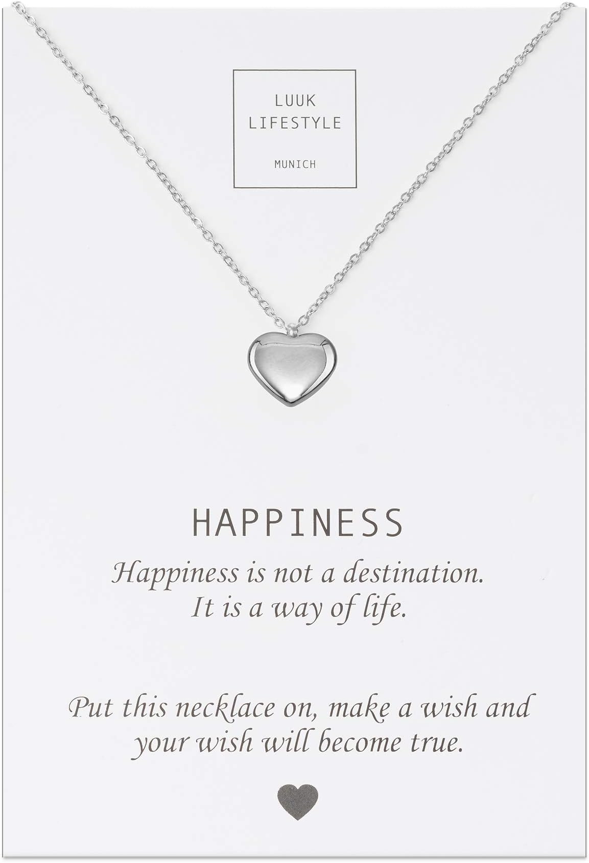 Stainless steel necklace with different pendants and card with Happiness saying, lucky charm, friendship gift, women's jewellery, silver, gold, rosé