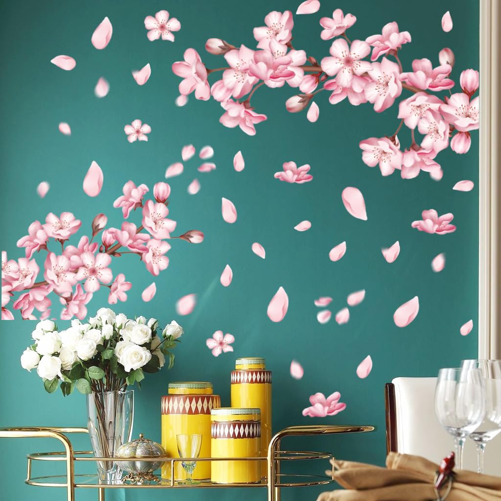 FUFUQUARE Peach Blossom Tree Wall Decal Pink Floral Branch Wall Art Decals Removable Vinyl Peel and Stick Decor for Girls Nursery Bedroom Living Room