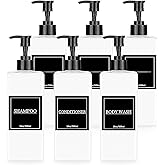 Tanlade 6 Pcs Shampoo and Conditioner Dispenser Bottles 16oz Modern Shower Soap Bottles with Pump, Labels and Marker Pen Easy to Refill Body Wash Dispensers for Home Bathroom Decoration (White)