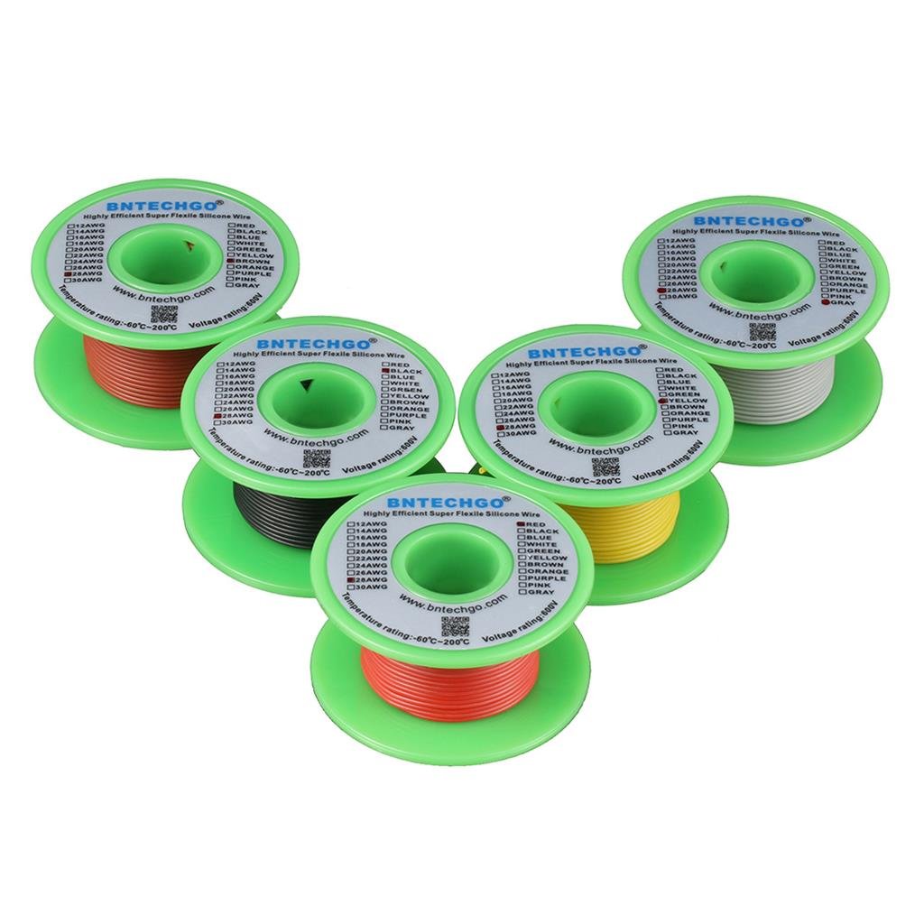 BNTECHGO Ultra Flexible 28 Gauge Silicone Wire Spool 5 Color Red Black Yellow Brown Gray High Resistant 200 deg C 600V Electronic Wire 28 AWG Stranded Wire 16 Strands Tinned Copper Wire Hook Up