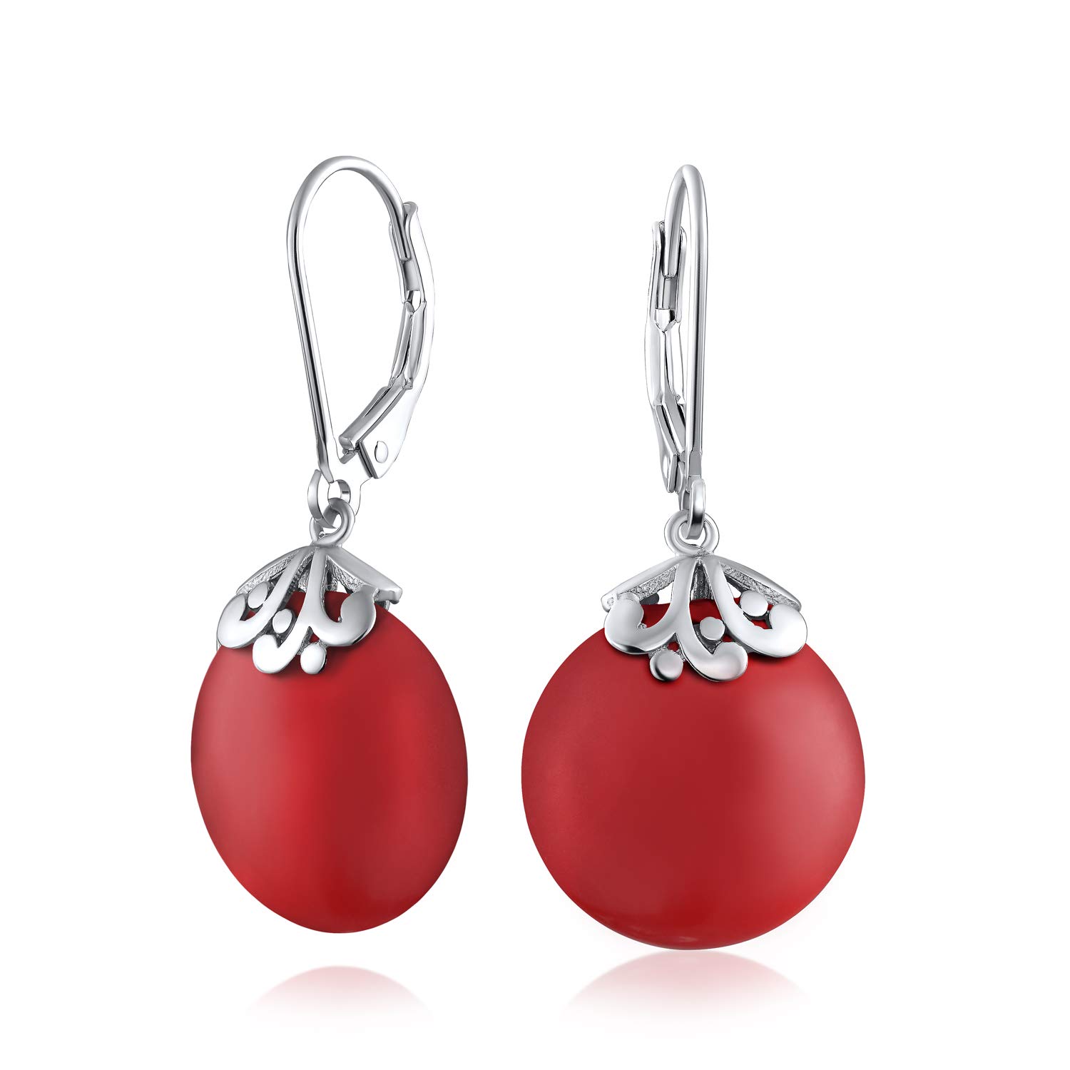 Western Style Filigree Lever Back Dark Red Burgundy Simulated Coral Dyed Turquoise Flat Round Circle Disc Dangle Drops Earrings For Women .925 Sterling Silver