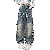 Rolanko Girls Cargo Pants Baggy Y2K Cargo Trousers Jeans Wide Leg Pants with Multi Pockets 4-15 Years