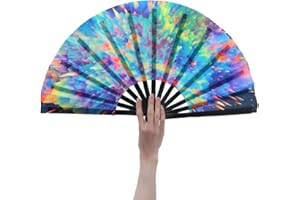 HeyToo Women/Men Large UV Glow Rave Handheld Fan for Drag Queen Cosplay EDM Club Party Music Festival Dance Decoration Aurora