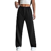PINSPARK Straight Leg Sweatpants for Women High Rise Elastic Waist Casual Pants Warm Midweight Stretch Classic Stylish Sweat Pant with Pockets and Drawstring Petite Medium, Black