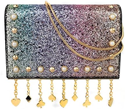 Jieway Women Chain Tassel Crossbody Bags Purse Glitter Riveting Handbags Evening Purse (Multicolour)