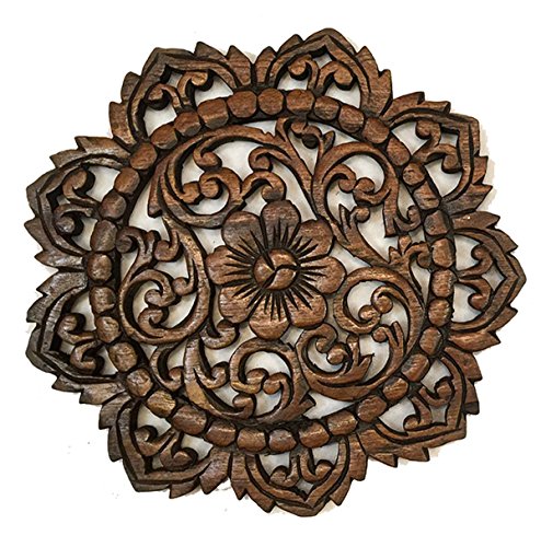 Rustic Wall Decor-Carved Lotus Round Wood Plaque Size 12"x12"x0.5" (Brown)