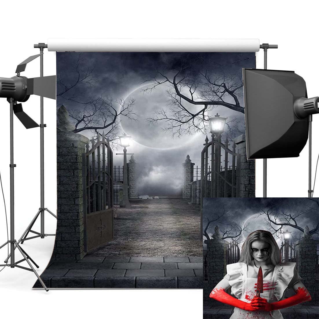 Haosphoto 5X7FT/150X210cm Halloween Backdrop Horror Moon Night Backdrops Gothic Gate Brick Floor Trick or Treat Photography Background for Masquerade and Costume Party Photo Studio Props AP28