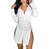 Shirt Dress for Women Sexy Button Down Date Night Dresses Ruched Slit Stand Collar Long Sleeve Blouses