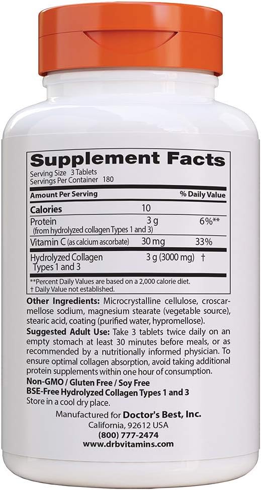 Doctor's Best Collagen Types 1 & 3 with Peptan, Non-GMO, Gluten Free, Soy Free, Supports Hair, Skin, Nails, Tendons & Bones, 1000 Mg, 540 Tablets: Health & Personal Care