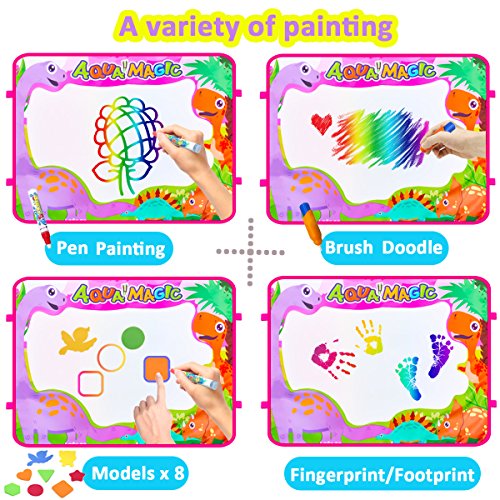 Water Drawing Mat Kids Toddler Art Toys,Large Aqua Magic Doodle Mats Dinosaur Painting Pad 6 Colors with 4 Pens 8 Molds,Drawing Board Tablet for Girls Boys Early Learner School Travel Birthday Gift
