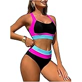 WDIRARA Women's 2 Piece High Waisted Thong Bikini Set Color Block Swimsuit Tummy Control Bathing Suit