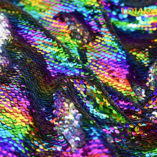 Rainbow Silver Mermaid Sequin Fabric By The Yard Reversible Sequin Fabric Flip Up Sparkly Mesh Embroidered Dress Costumes Sequin Fabric for Evening Dress Pillow Cushion Cover Wedding Decoration