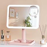 Famihomii Rechargeable Lighted Makeup Mirror for Girls, Desk Mirror with Lights, Detachable 10X Magnifying Mirror, Storage Base, 360° Rotation, Dimmable Lights for Teens Gifts, Pink
