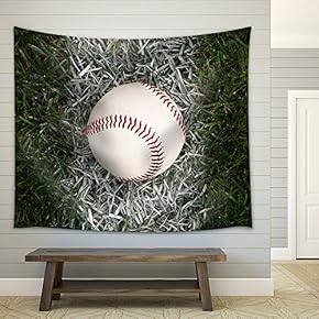 a Close Up of a Baseball Sitting on The Foul Line. - Fabric Wall Tapestry Home Decor - 51x60 inches