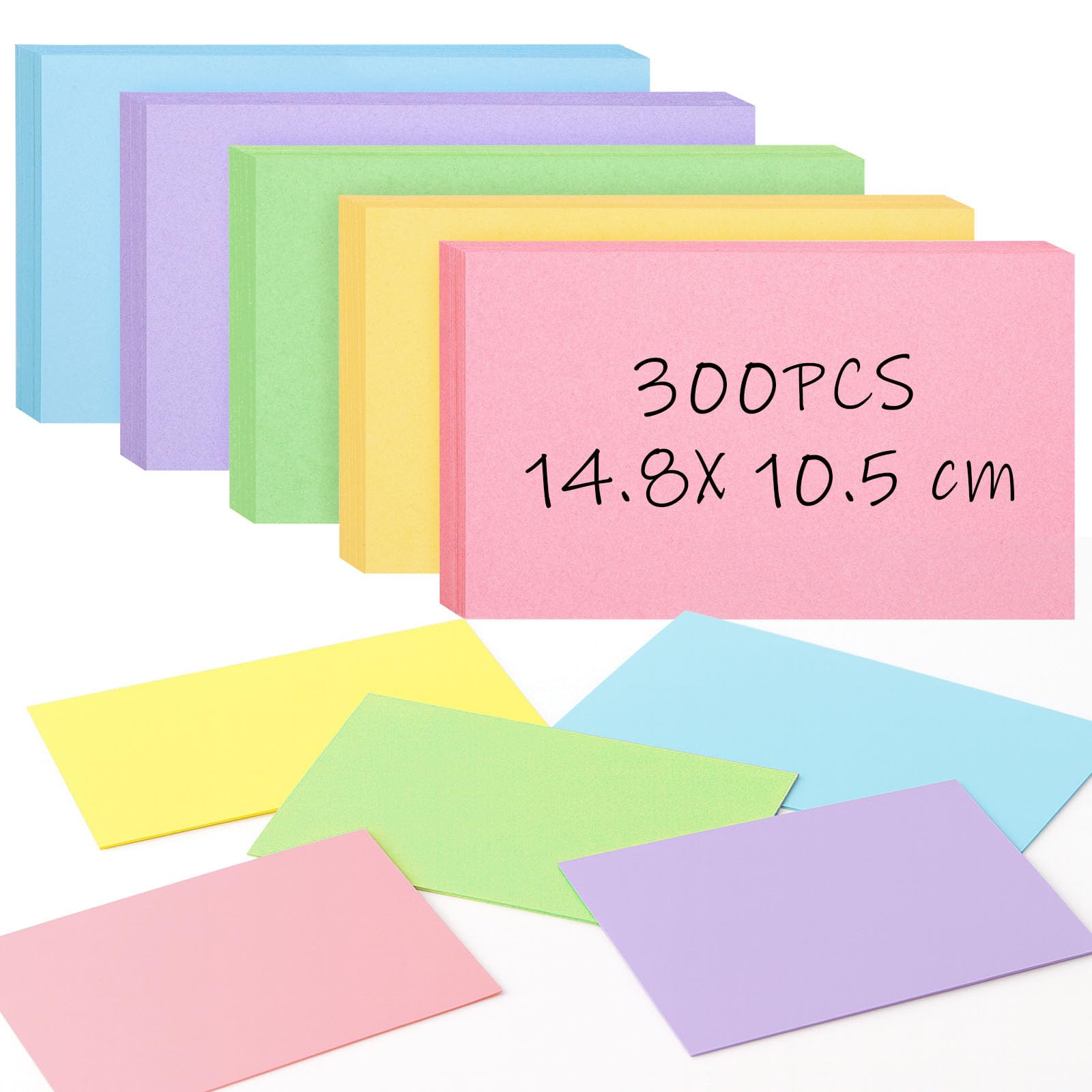 Koogel Flash Cards A6, 300 PCS Coloured Revision Notes, Blank Index Study Cards for Learning, Office, University, Presentation, 5 Colours, 150g/m², 14.8 x 10.5 cm