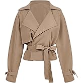 Verdusa Women's Old Money Wrap Tie Belted Trench Coat Lapel Collar Double Breasted Short Outerwear
