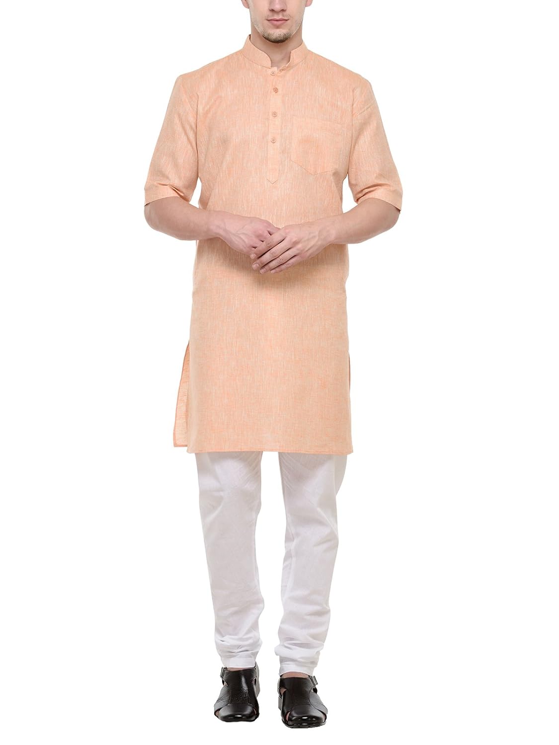 rg designers 3/4 sleeves peach & white modi kurta & pyjama set for men
