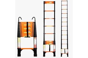 BOWEITI 12.5FT Telescoping Ladder, Portable Aluminum Extension Ladder w/Stabilizers, Lightweight Compact Telescopic Ladder 330lbs Capacity, Extension Ladder for Home, Outdoor (12.5FT,Orange)