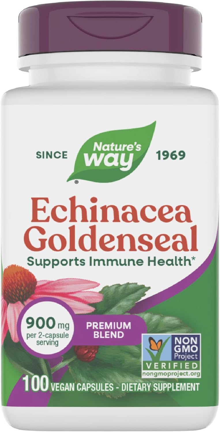 Nature's Way Echinacea Goldenseal, Premium Blend, Supports Immune Health*, 900 mg per 2-Capsule Serving, Non-GMO Project Verified, Vegan, 100 Capsules (Packaging May Vary)
