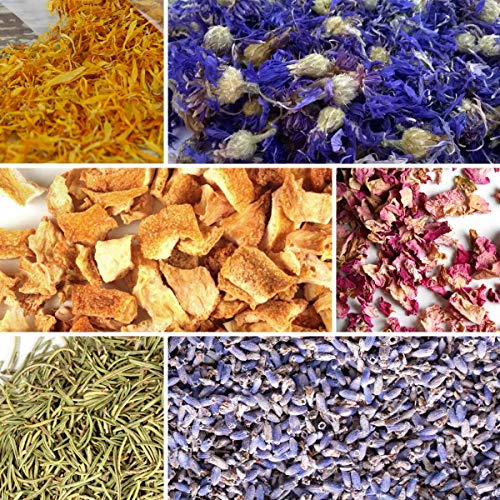bMAKER Bulk Flower Kit - Lavender, Pink Rose Petals, Calendula Petals, Rosemary, Orange Peel and Cornflower Whole with 5/8 Rose Absolute Essential Oil