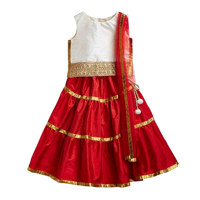 by Hopscotch Girls' Poly Cotton Gota Lace Tie three Piece Lehenga Set in Ivory Colour