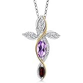 Cross Necklace For Women In 925 Silver and 10K Yellow Gold with Amethyst and Lab Grown Diamond and Red Garnet | 1.19 Cttw | Jesus Christian Religious Crucifix | Marquise 8X4MM | With 18 Inch Chain
