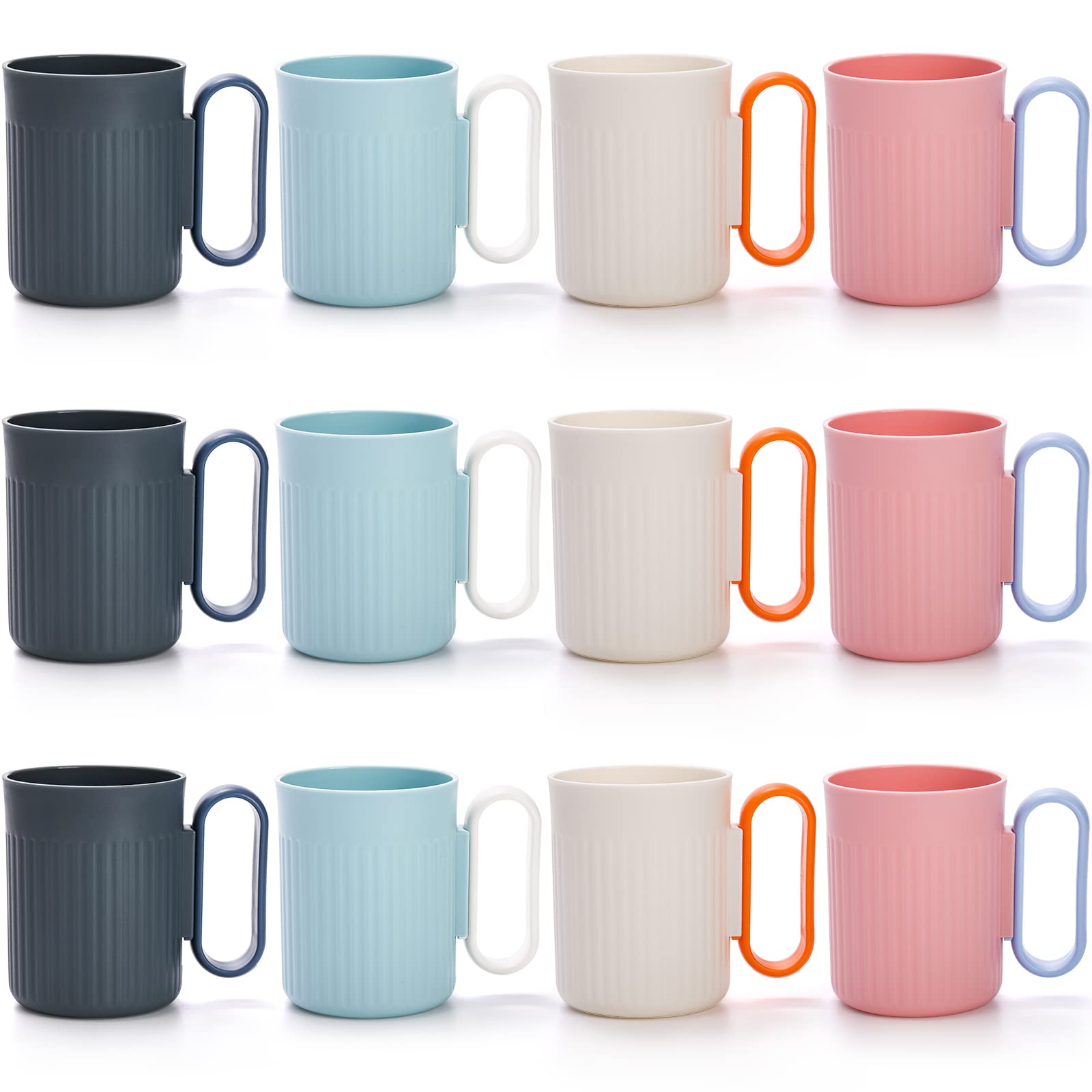 Jucoan 12 Pack Reusable Plastic Coffee Mugs,480 ml Unbreakable Plastic Cups with Handle for Coffee, Tea, Drinks, BPA Free Healthy Drinking Mugs for Adults, 4 Colors