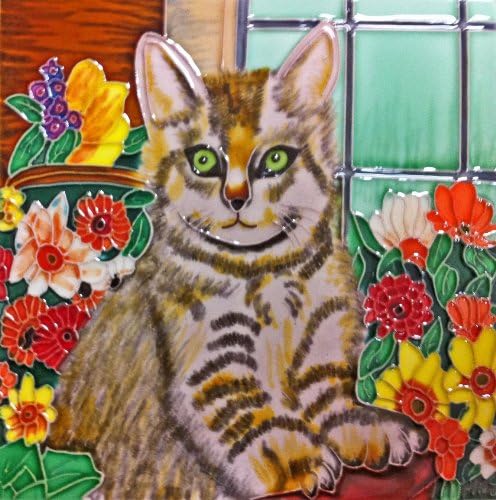 Continental Art Center BD-2034 8 by 8-Inch Cat in a Basket Ceramic Art Tile